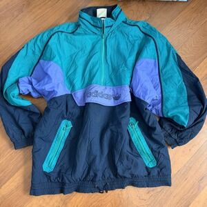 Vintage Adidas Half Zip Windbreaker XL Teal Purple 80s 90s Trefoil Jacket Y2K